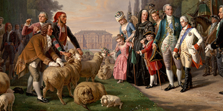 Gemälde: Händler übergeben 1765 Merino-Schafe an den Kurfürsten. Gemalt  von Theobald von Oer, um 1872. 