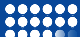 Auf dunkelblauem Hintergrund befinden sich 18 weiße nummerierte Kreise in drei Reihen angeordnet.