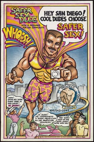 Plakat im Comicstil zum Thema Safer Sex. Ein Mann mit Cape zeigt ein Kondom.