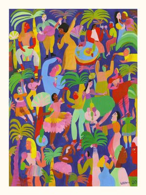 Auf einen dunkelblauen Hintergrund sind über die gesamte Bildfläche Menschen gemalt, die unter Palmen tanzen, mit Weingläsern anstoßen, musizieren, essen oder sich küssen.