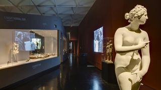 Blick in den Eingangsbereich der Ausstellung Scham. Im Vordergrund eine Kopie der antiken Skulptur der Venus, ihre Scham bedeckend.  Im Hintergrund rechts weitere Statuen und an der Wand eine schwarzweiße Videoprojektion.