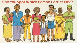 Eine bunte Zeichnung von neun unterschiedlichen Personen, Erwachsene und Kinder. Oberhalb von ihnen steht die Frage: &quot;Can you spot which person carries HIV?&quot; Es ist ein Plakat zum Thema HIV des Ministeriums für Gesundheit und Bildung, Uganda von vor 1990. 