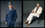 Zwei Fotos auf denen jeweils der gleiche Mann abgebildet ist. Auf dem linken Foto trägt er eine blaue Piloten-Unifrom. Auf dem rechten sitzt er auf einem Stuhl und trägt einen weißen Anzug aus Leinen.