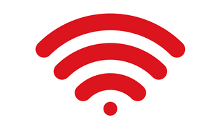 Ein rotes WiFi-Symbol auf weißem Grund. Das Symbol zeigt in abstrakter Form einen Sender, der Signalwellen ausstrahlt. 