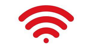 Červený symbol WiFi na bílém pozadí. Symbol abstraktně zobrazuje vysílač vysílající signální vlny.