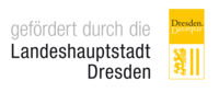 Amtsmarke mit dem Schriftzug gefödert durch und Logo der Landeshauptstadt Dresden in gelbschwarz