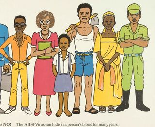 Eine bunte Zeichnung von neun unterschiedlichen Personen, Erwachsene und Kinder. Oberhalb von ihnen steht die Frage: &quot;Can you spot which person carries HIV?&quot; Es ist ein Plakat zum Thema HIV des Ministeriums für Gesundheit und Bildung, Uganda von vor 1990.