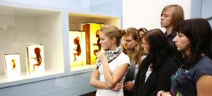 Ein Gruppe von Jugendlichen vor einer Virtine mit präparatierten Embryos in der Dauerausstellung