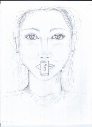 Die Bleistiftzeichnung entstammt einer Stottertherapie und zeigt den Kopf einer junge Frau, auf deren Mund sich ein Schalter befindet.