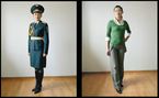 Zwei Fotos auf denen jeweils die gleiche Frau abgebildet ist. Auf dem linken Foto trägt sie eine Beamten-Uniform. Auf dem rechten Foto eine schwarz weiß gestreifte Hose und einen grünen Pullover. 
