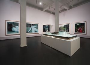 In einem Ausstellungsraum hängen fünf Fotografien an der Wand. Auf zweien eine junge Frau im weißen Mantel, die tot daliegt. In der Mitte des Bildes ein weißer Tisch mit Exponaten.