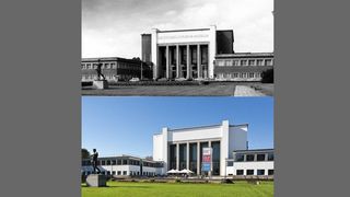 Zwei Aufnahmen der Museumsfassade: Die Obere zeigt das Portal im Jahr 1989 in marodem Zustand mit goldenem Schriftzug &quot;Deutsches Hygiene-Museum&quot;. Die Untere zeigt die Fassade im renovierten, aktuellen Zustand.