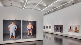 Ein Ausstellungsraum an dessen Wänden fünf Bilder hängen, auf denen lebensgroß Menschen abgebildet sind. Auf dem vordergründigsten Bild ein Mann, einerseits als Sumoringer und andererseits mit einem hellblauen Schlafanzug bekleidet.