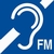 Blaues Symbol mit weißem Ohr und FM für Funkübertragungsanlagen